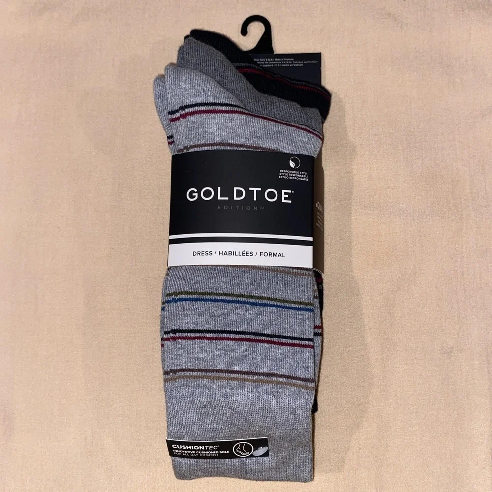 3 Pairs Gold Toe Mens Grey Black Striped Dress Crew Socks Aquafx Size 6-12.5 NEW